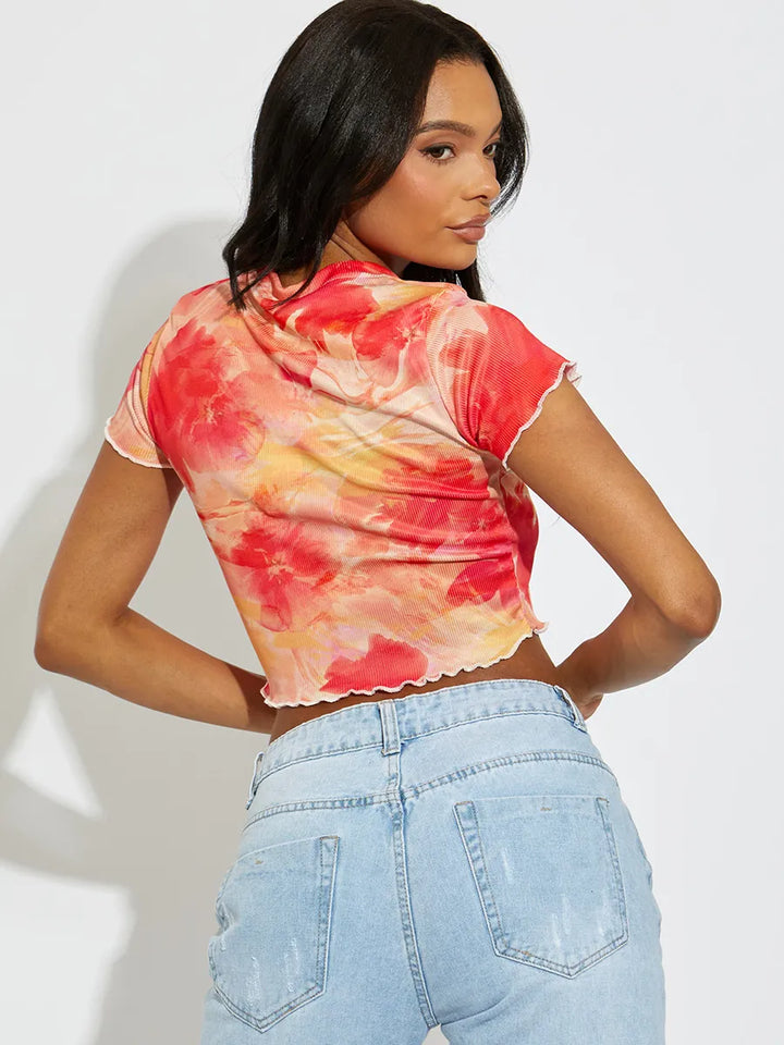 Orange Floral Watercolour Print Ribbed Crop Top