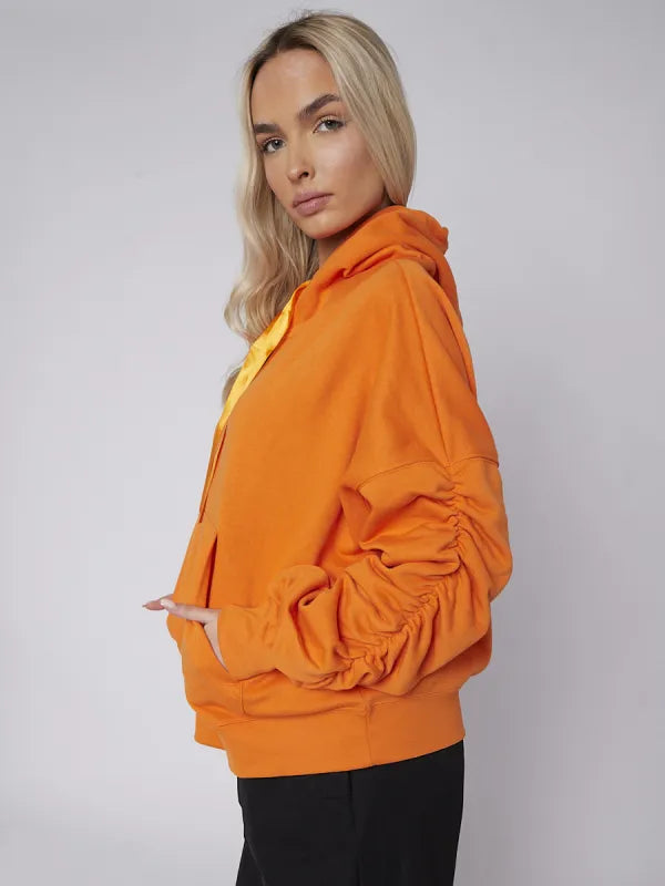 Orange Ribbon Drawstring Ruched Sleeves Fleeced Hoodie