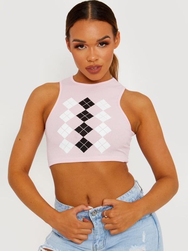 Pink Argyle Print Ribbed Tank Crop Top