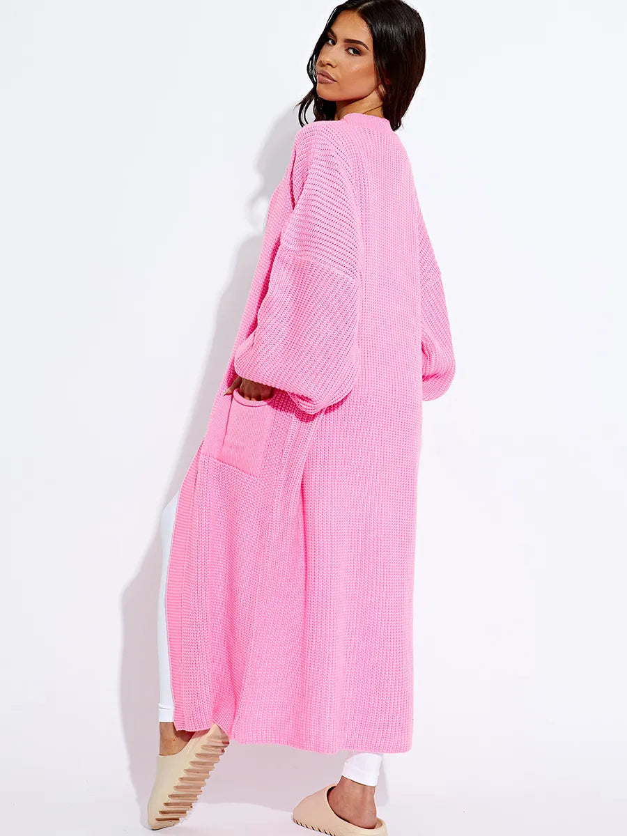 Pink Balloon Sleeves Knitted Longline Open Cardigan