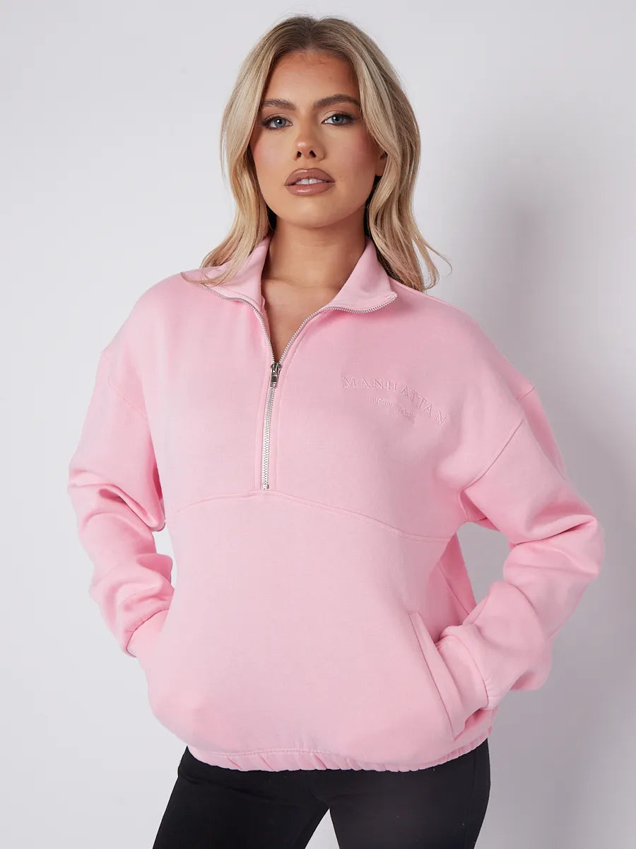 Pink Manhattan Embroidered Oversized Sweatshirt Zip Jumper