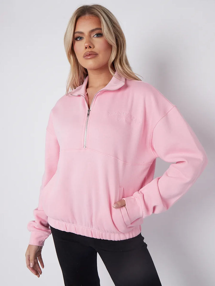 Pink Manhattan Embroidered Oversized Sweatshirt Zip Jumper