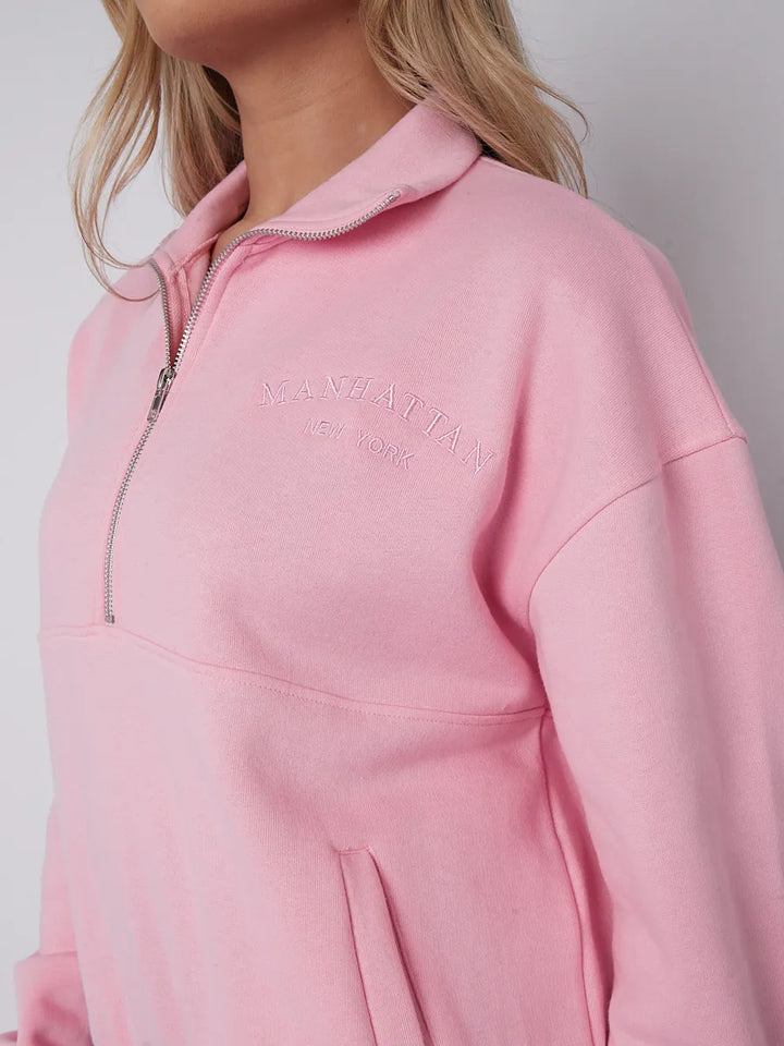 Pink Manhattan Embroidered Oversized Sweatshirt Zip Jumper