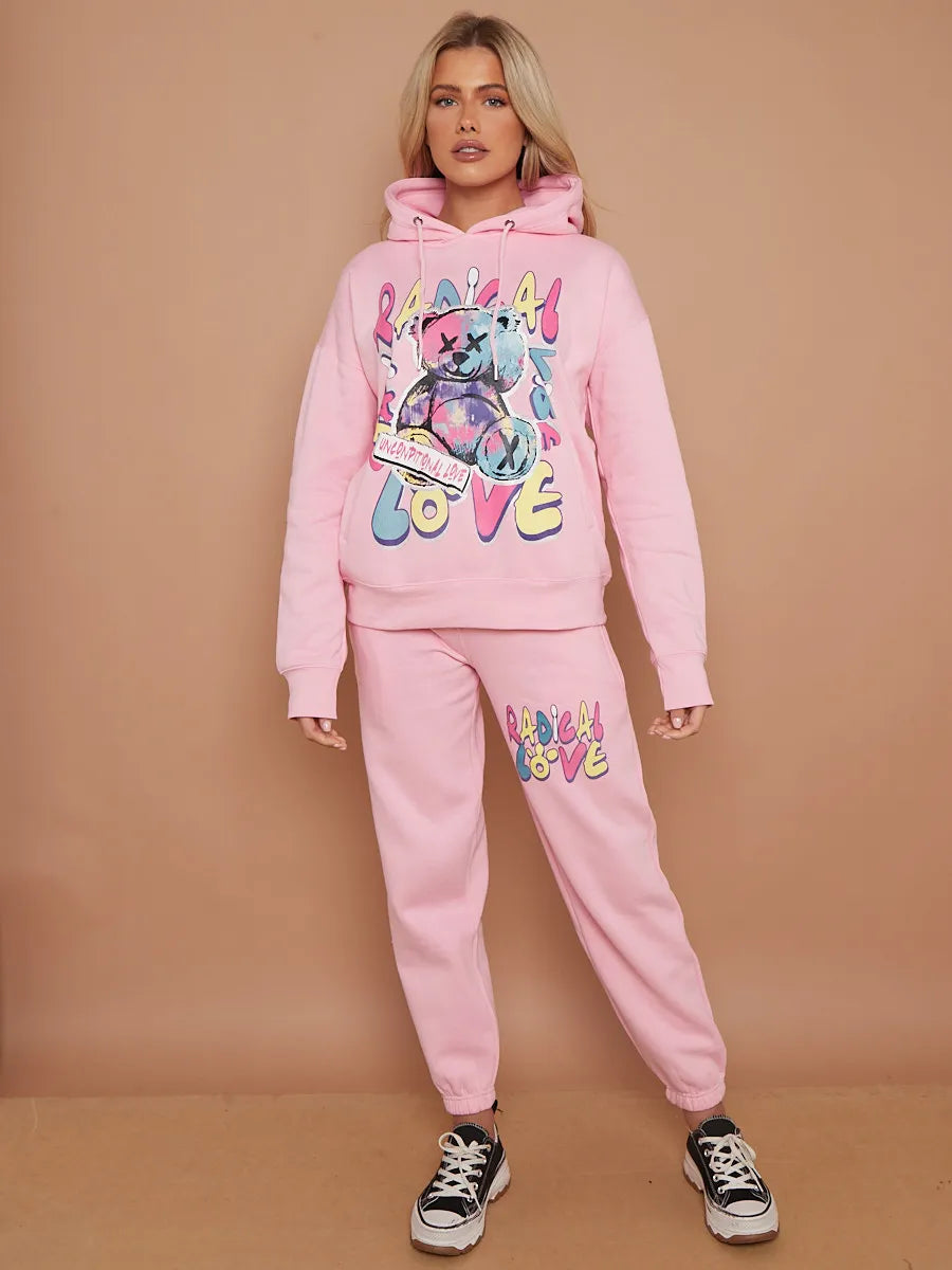 Pink Teddy Bear Oversized Hoodie & Jogger Graphic Loungewear Co-ord