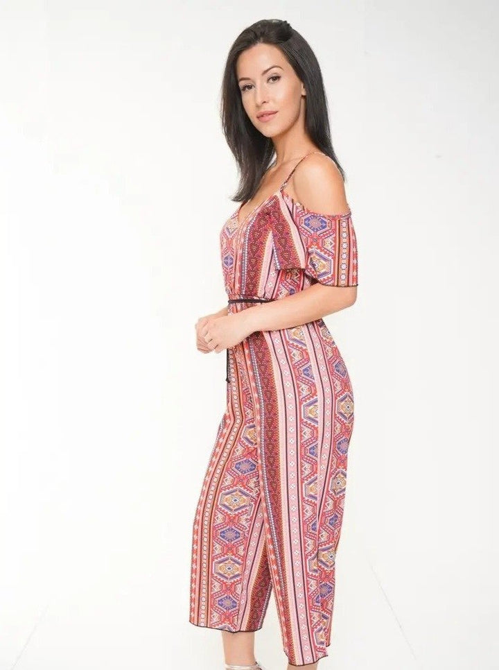 Red Shoulder Cut Paisley Jumpsuit