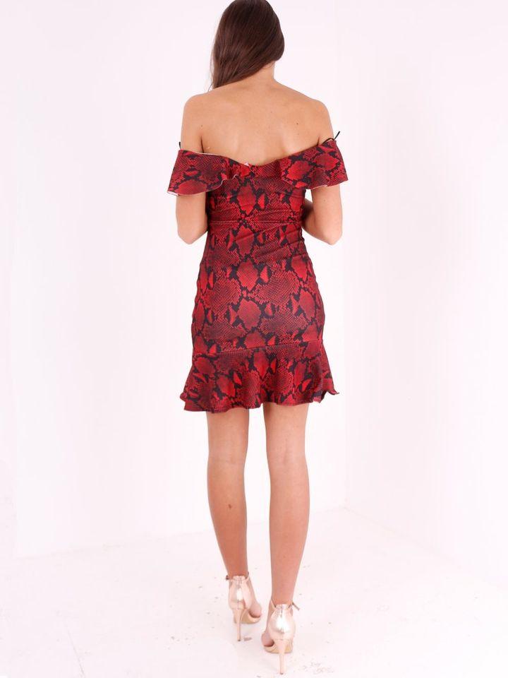 Red Bardot Fill Hem Snake Print Dress