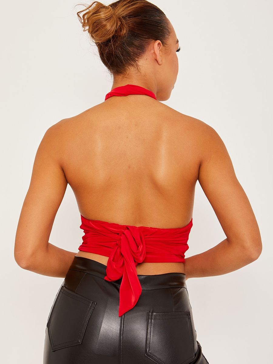 Red Halterneck Cross Front Tie-Knot Slinky Crop Top