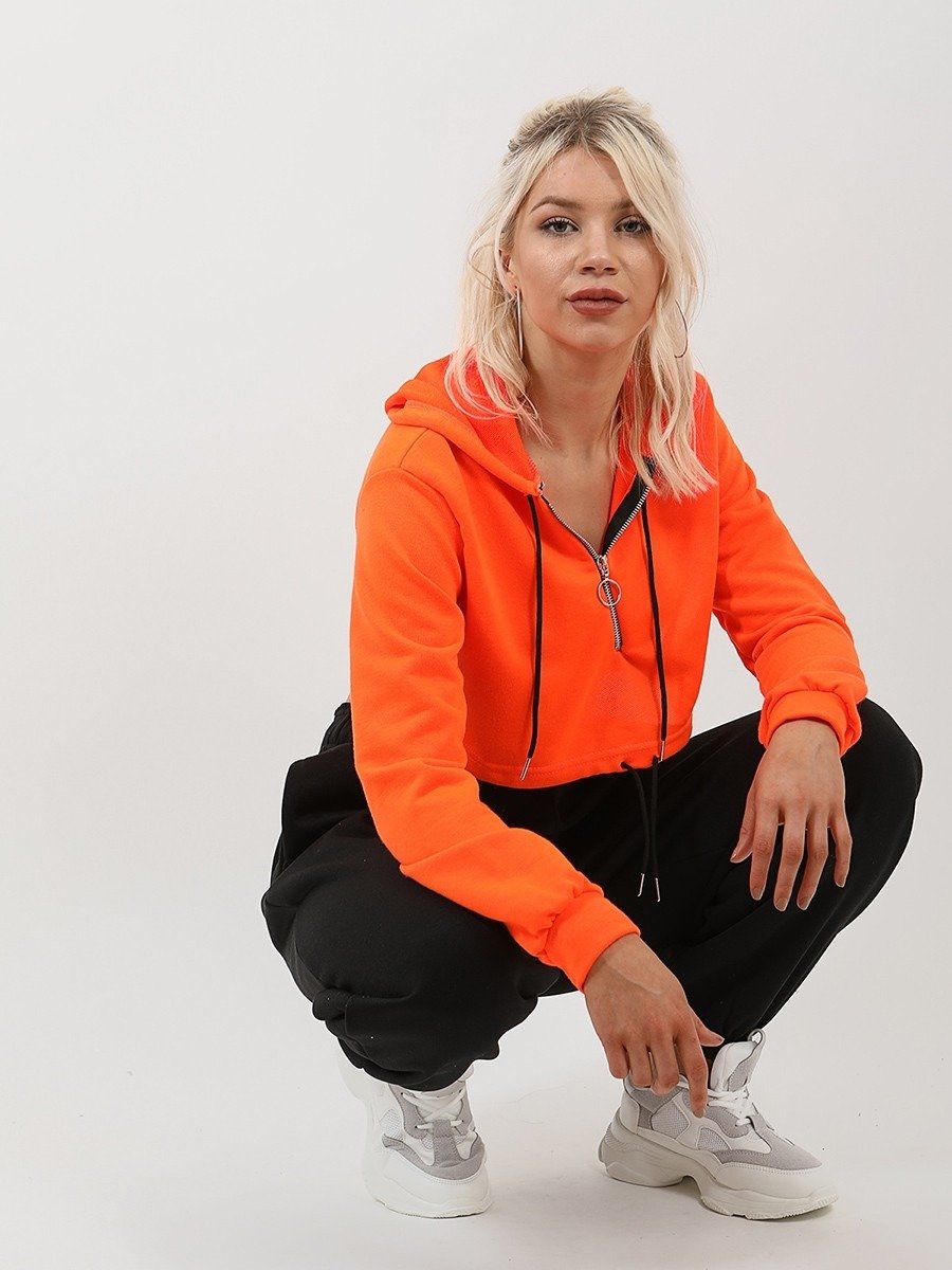 Neon Orange Zip UP Cropped Hoodie