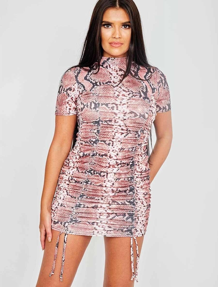 Rust Snake Print Ribbed Ruched Dress