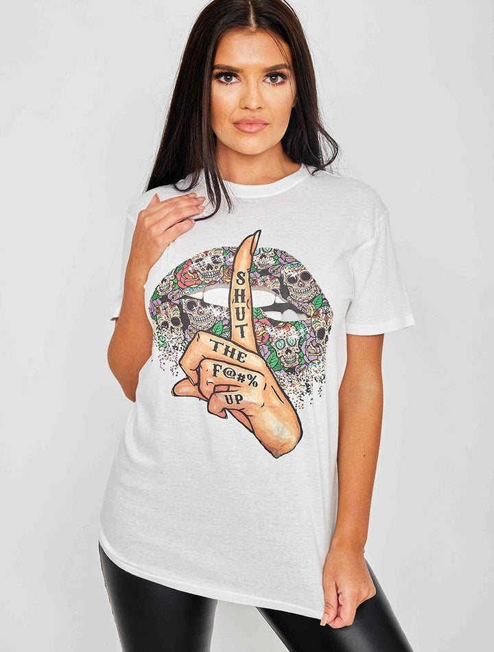 White 'Shut Up' Graphic Printed T-Shirt