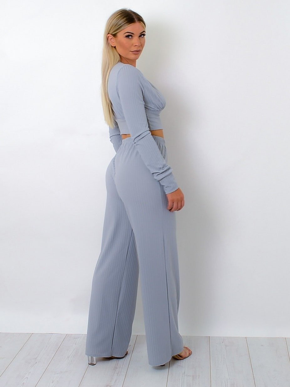 Grey V-Neck Ribbed Co-Ord Set