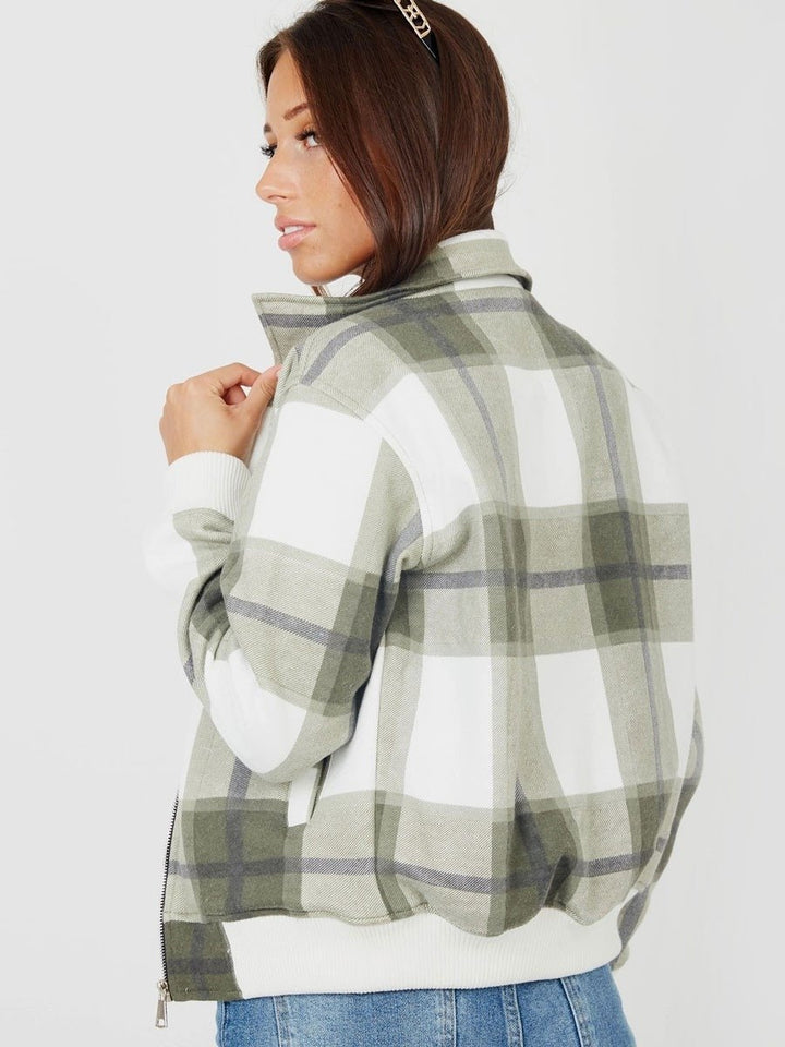 Khaki Zipped Checked Jacket