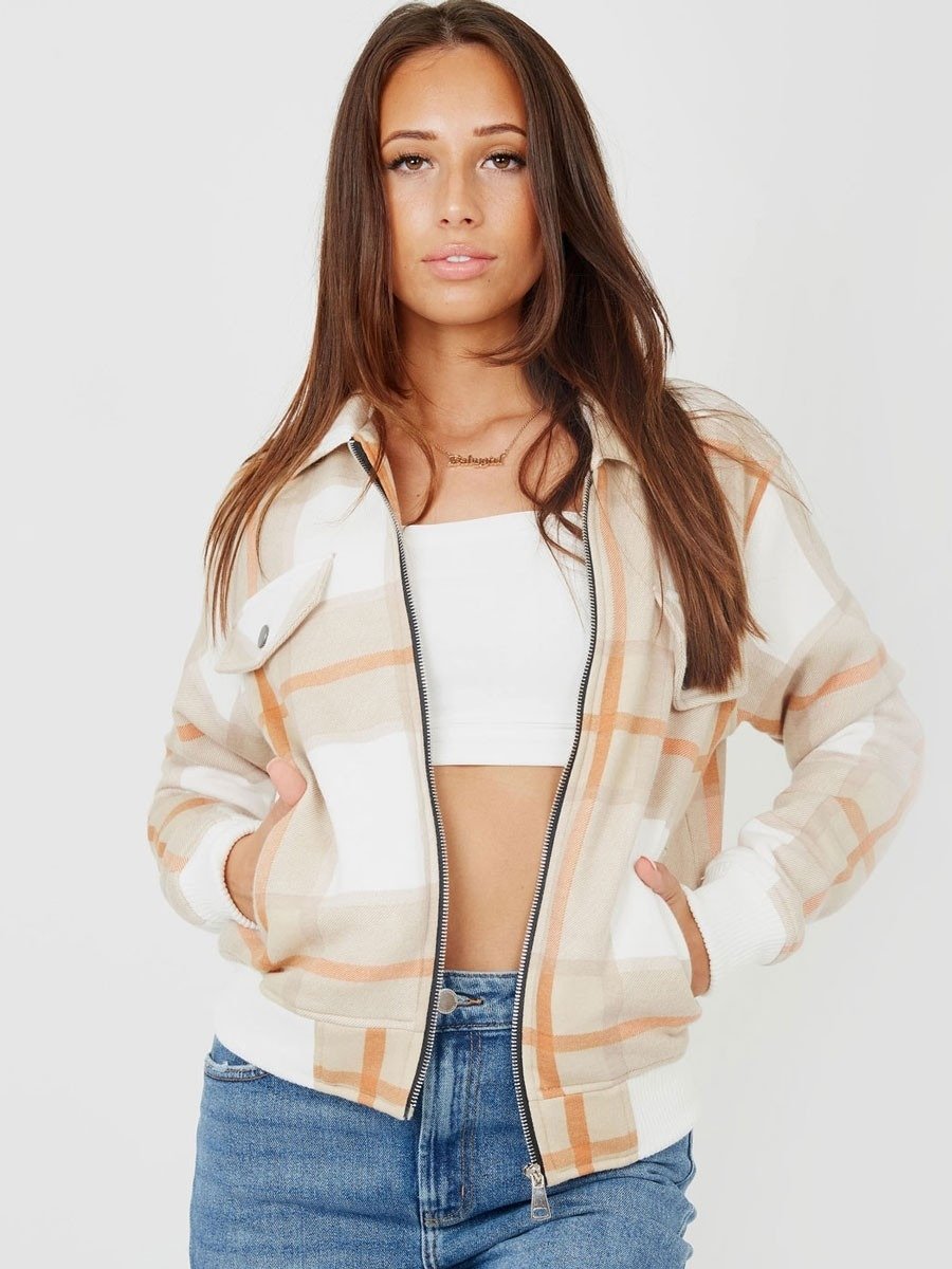 Beige Zipped Checked Jacket