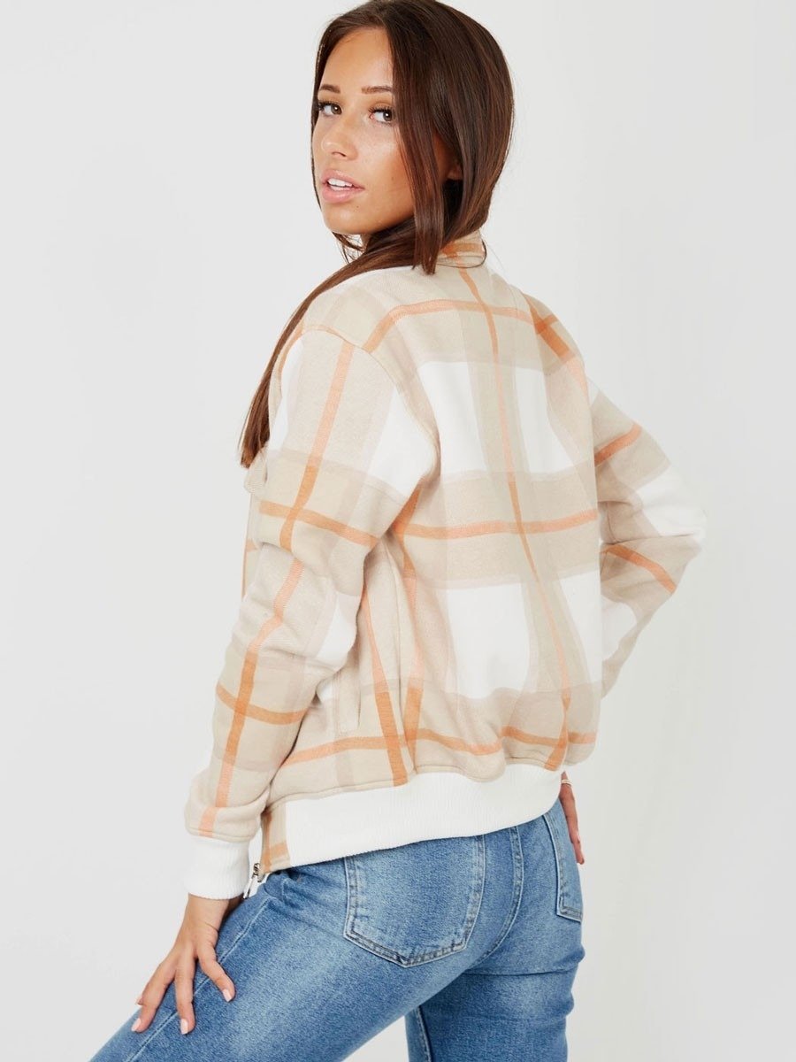 Beige Zipped Checked Jacket