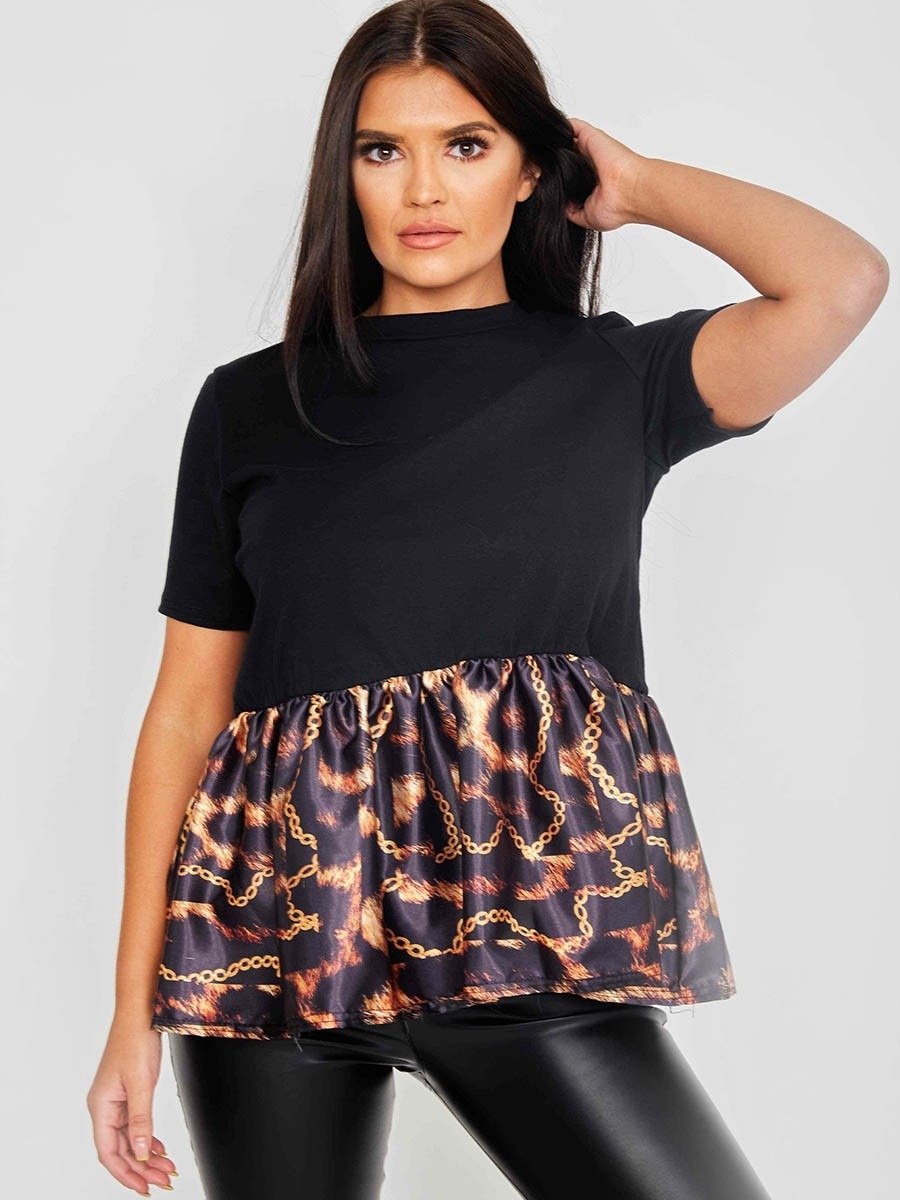 Black Chain Print Frill Hem Top