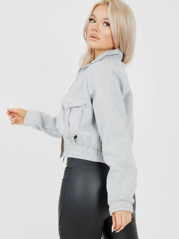 Grey Pocket Fleeced Cropped Jacket