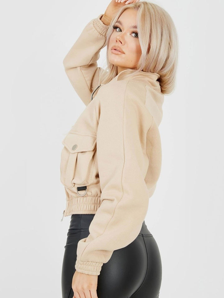 Beige Pocket Fleeced Cropped Jacket