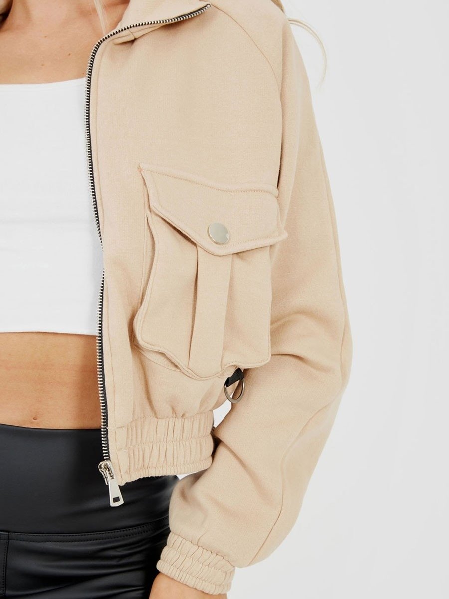 Beige Pocket Fleeced Cropped Jacket