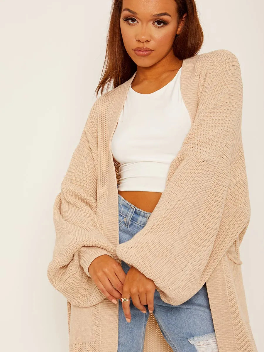 Stone Balloon Sleeves Knitted Longline Open Cardigan 2