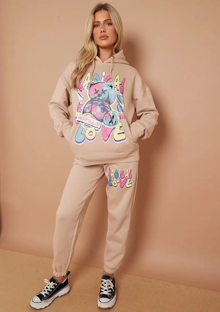 Stone Teddy Bear Oversized Hoodie & Jogger Graphic Loungewear Co-ord