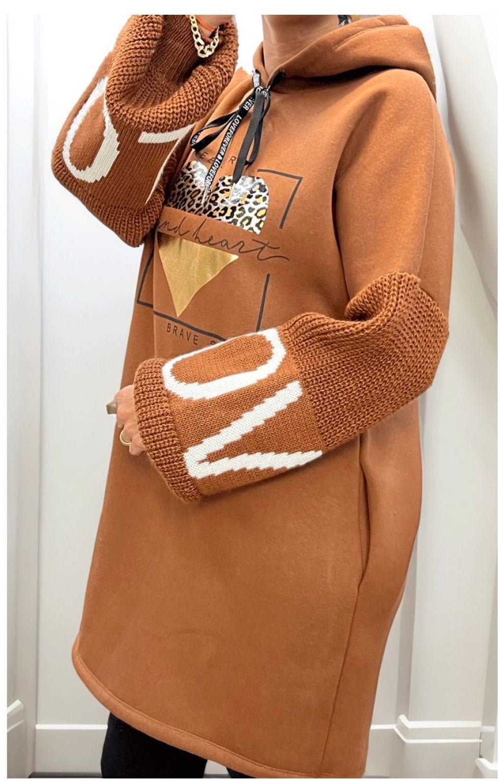 Tan Love Heart Oversized Fleeced Hoodie Jumper Dress