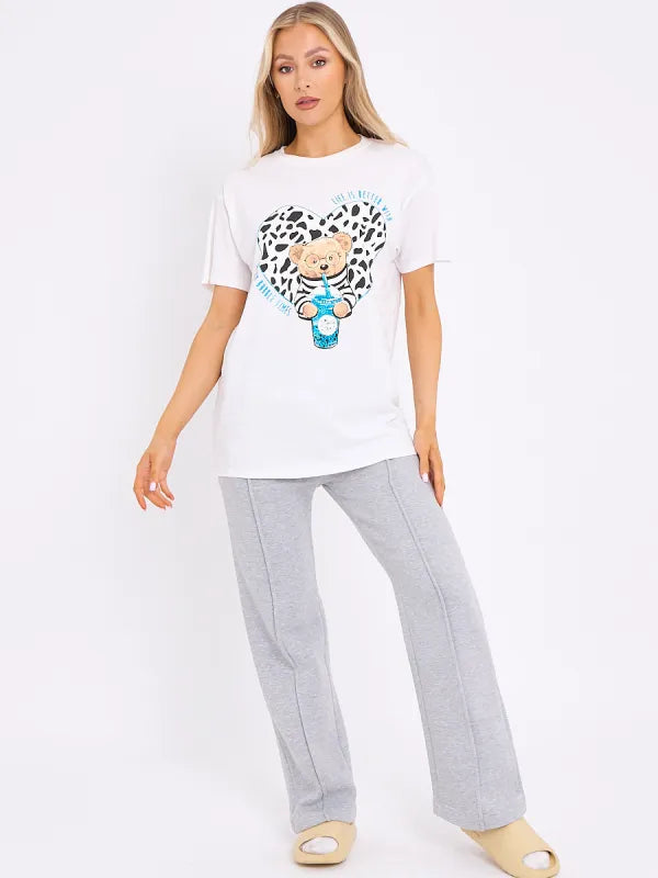 White Bubble Tea Teddy Bear Graphic Printed T-Shirts