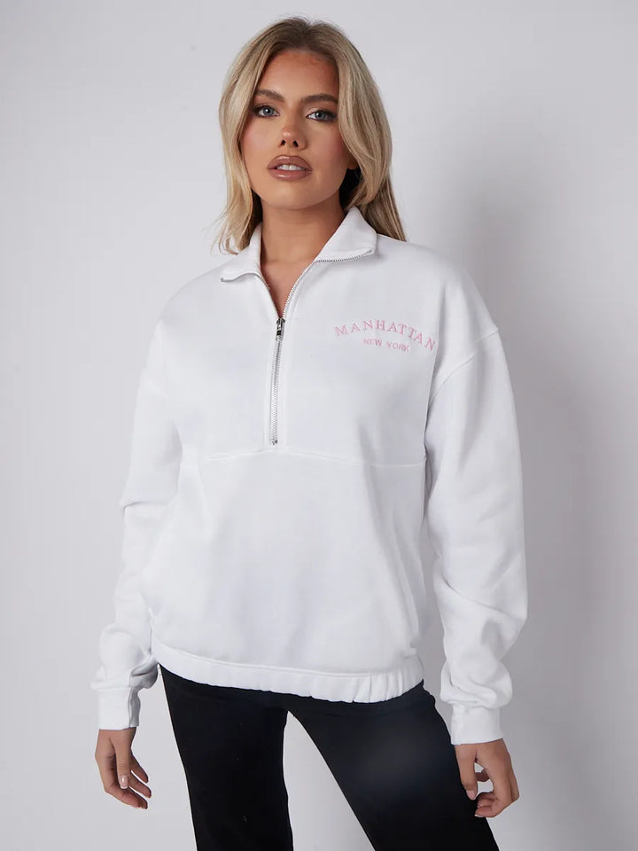 White Manhattan Embroidered Oversized Sweatshirt Zip Jumper