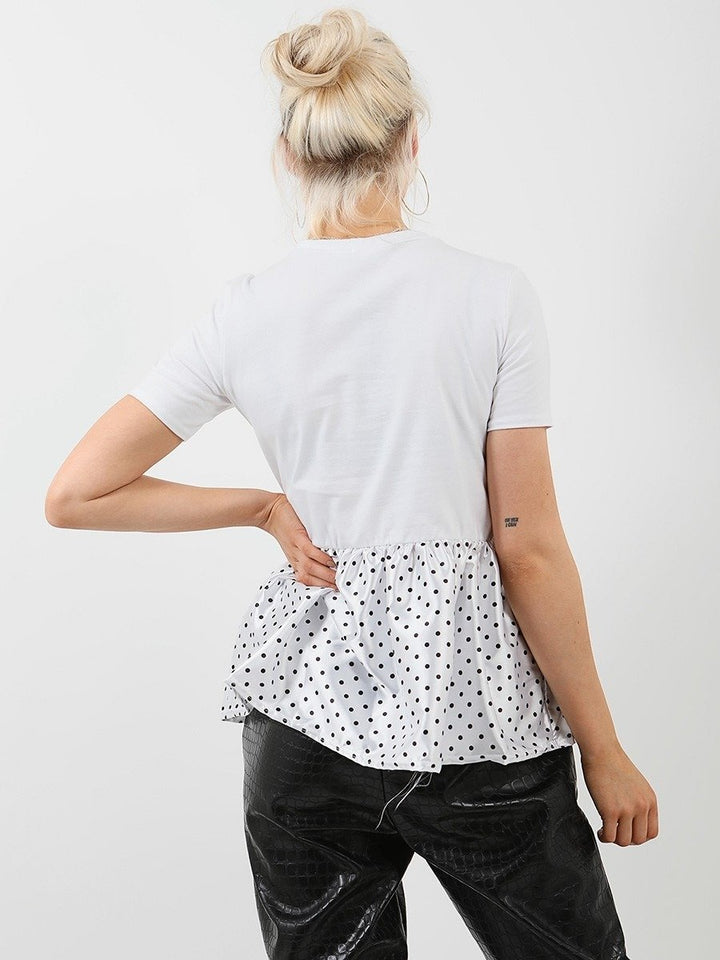 White Polka Dot Satin Frill Hem Top