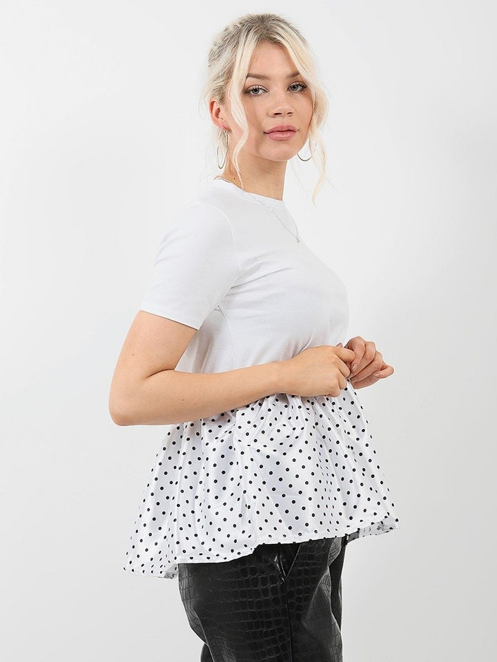 White Polka Dot Satin Frill Hem Top