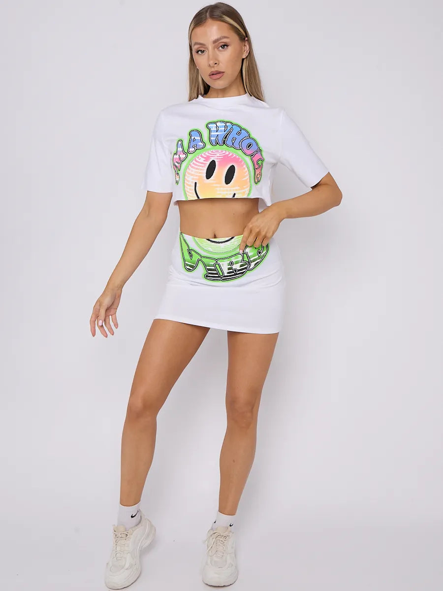 White Smiley Graphic Crop Top & Skirt Co-Ord