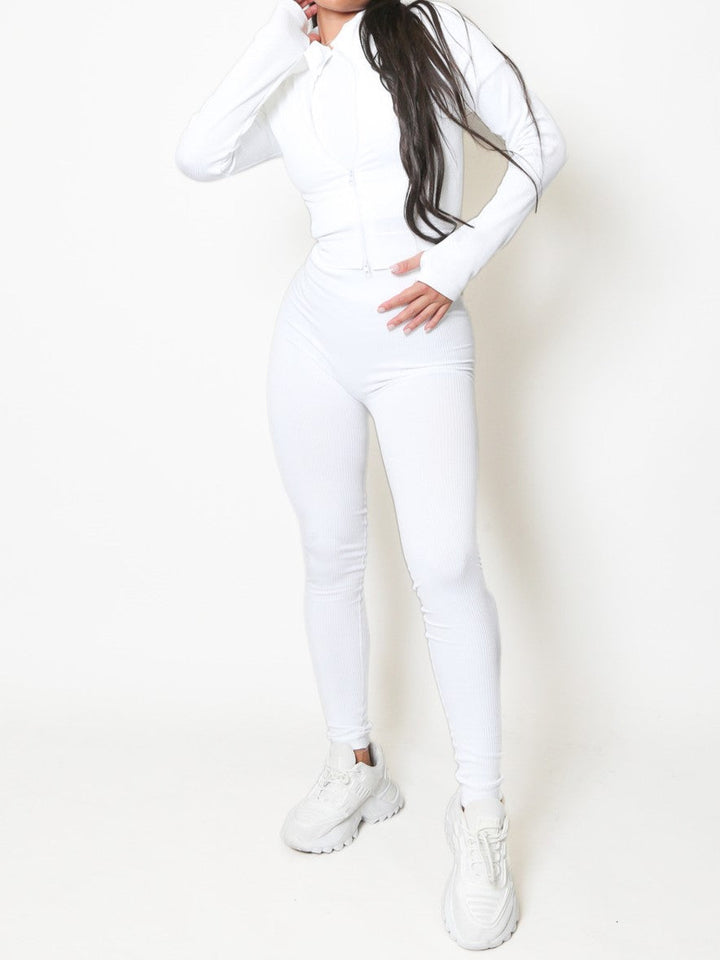 White Zip Jacket Ribbed Seamless Two Piece Gym Set