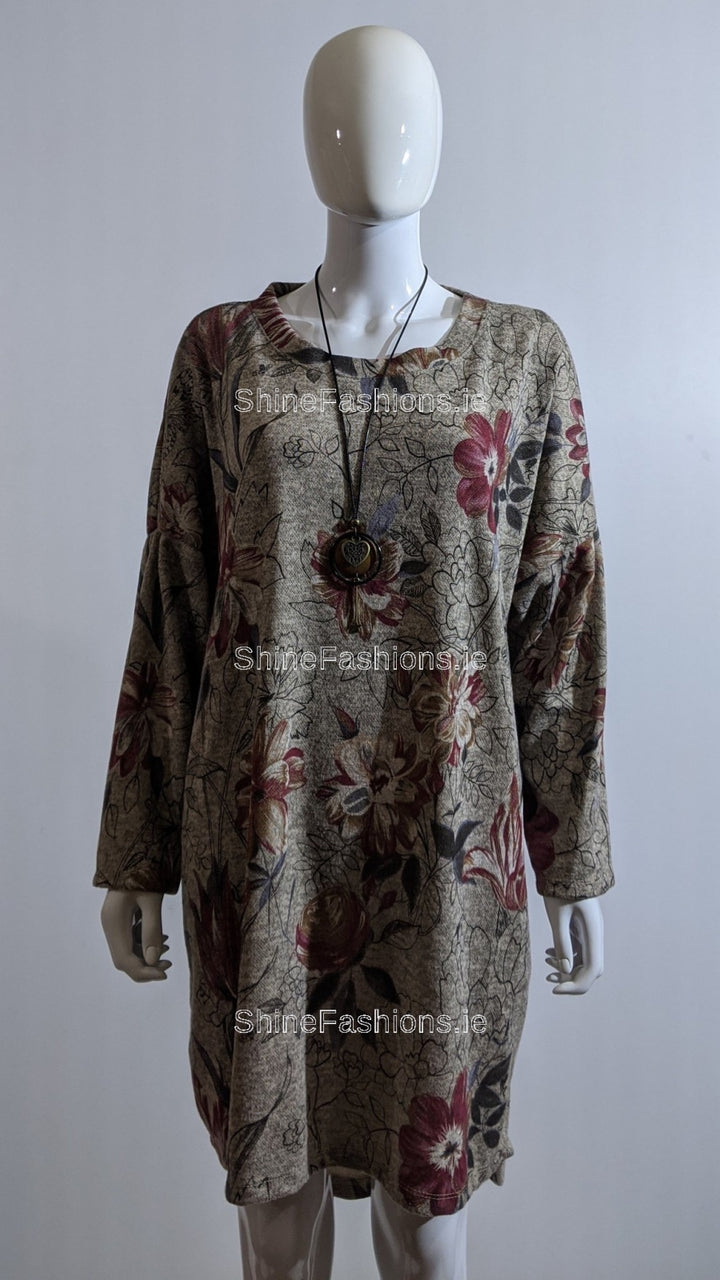 Beige Floral Pattern Warm Dress