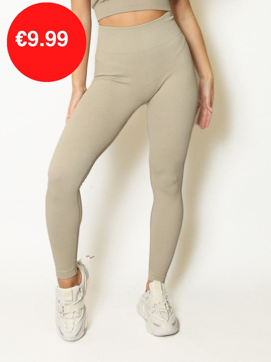 Beige Stretchy Seamless Ribbed High Waisted Gym Leggings