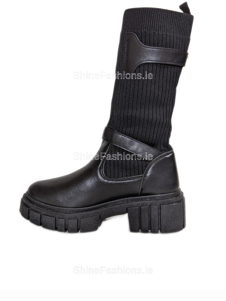 Black Chunky Sole Knit Buckle Calf High Boots