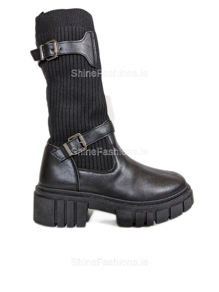 Black Chunky Sole Knit Buckle Calf High Boots