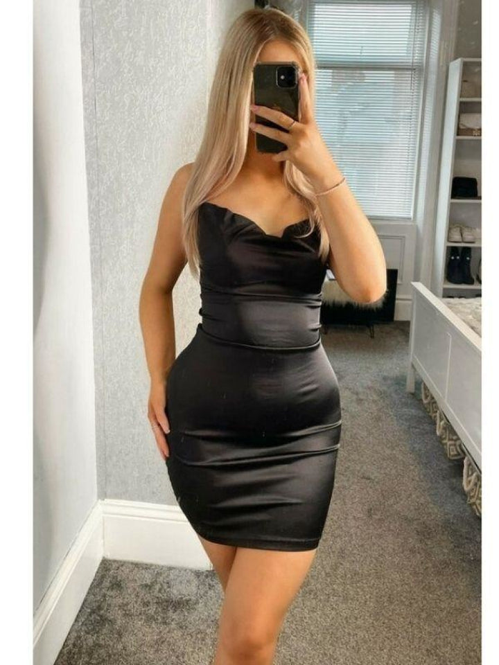 Black Cowl Neck Bodycon Satin Mini Dress