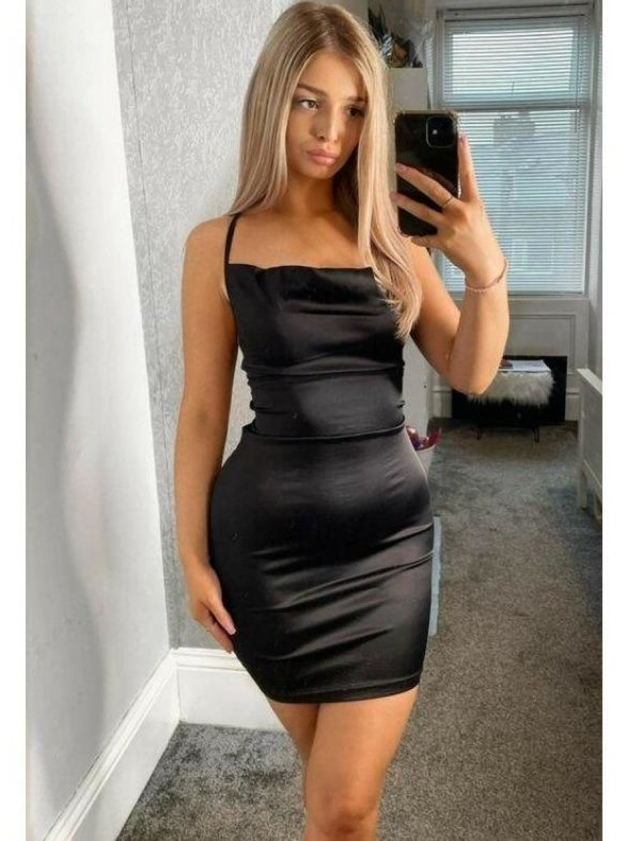 Black Cowl Neck Bodycon Satin Mini Dress