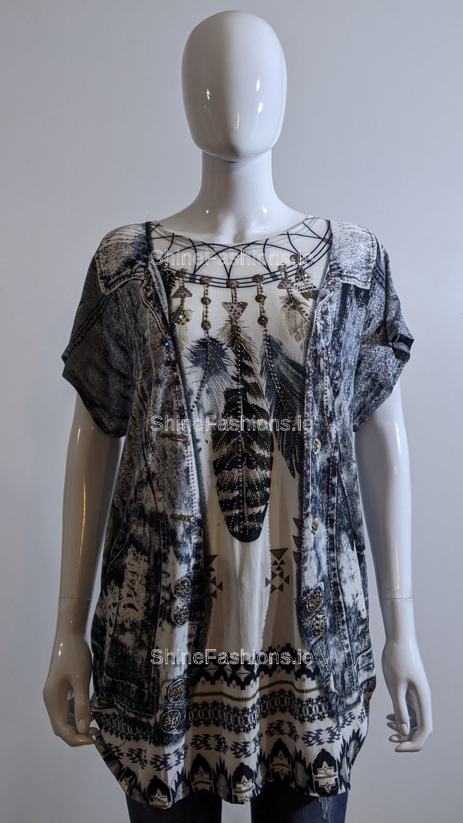 Black Dream Catcher Printed Glitter Top