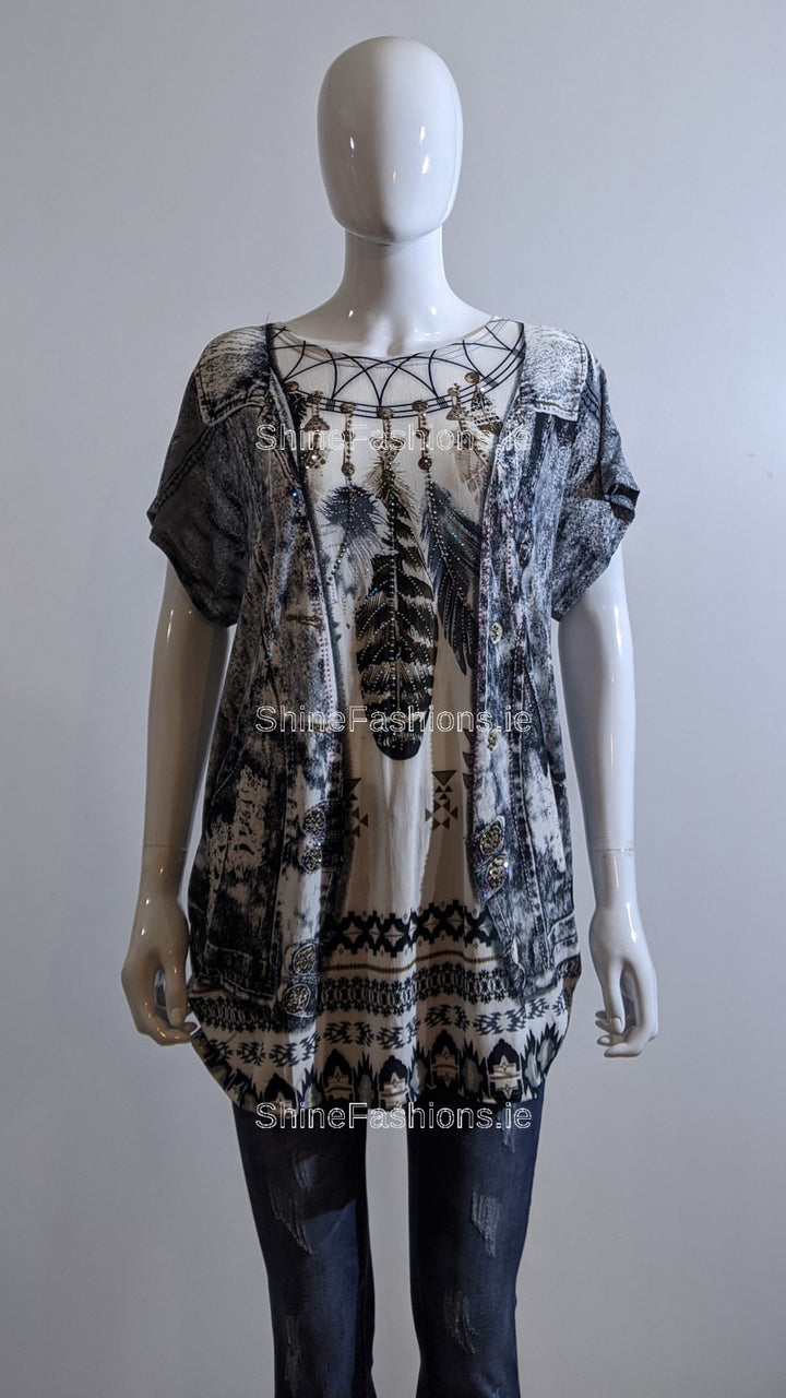 Black Dream Catcher Printed Glitter Top