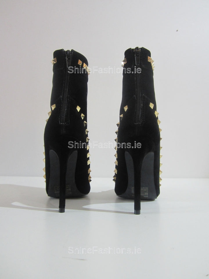 Black Faux Suede Stiletto Heel Gold Studded Ankle Boots