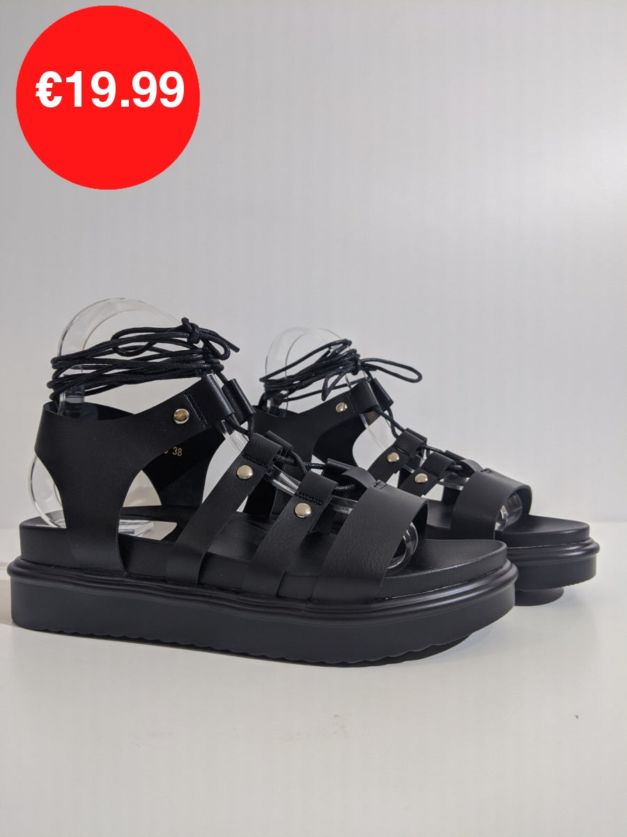 Black Lace Up Chunky Platform Gladiator Sandals