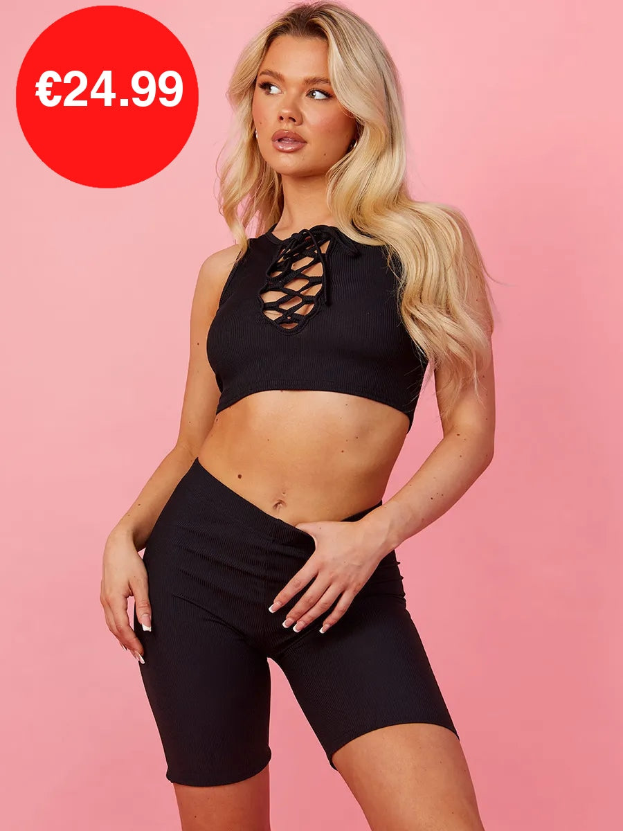 Black Lace Up Plunge Neck Crop Top & Shorts Co-Ord Set