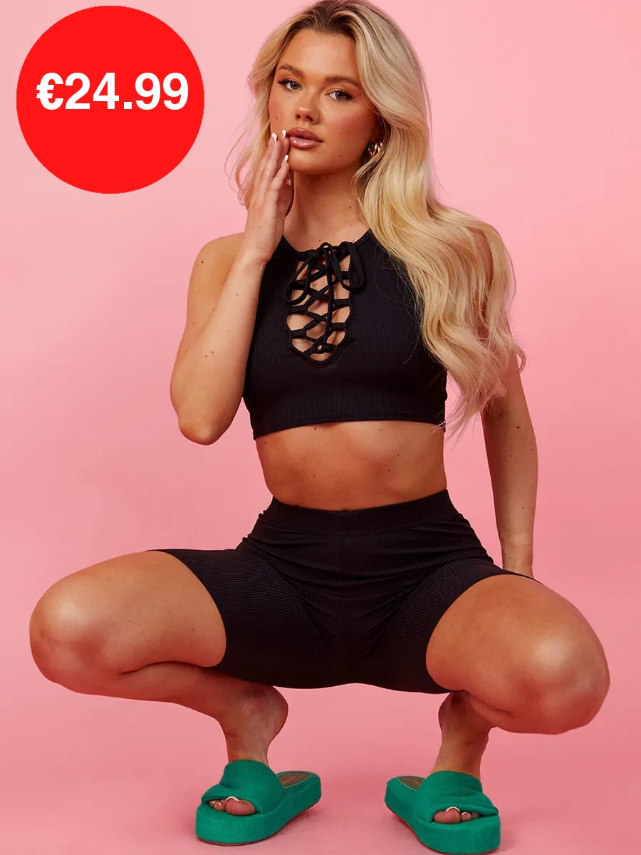 Black Lace Up Plunge Neck Crop Top & Shorts Co-Ord Set