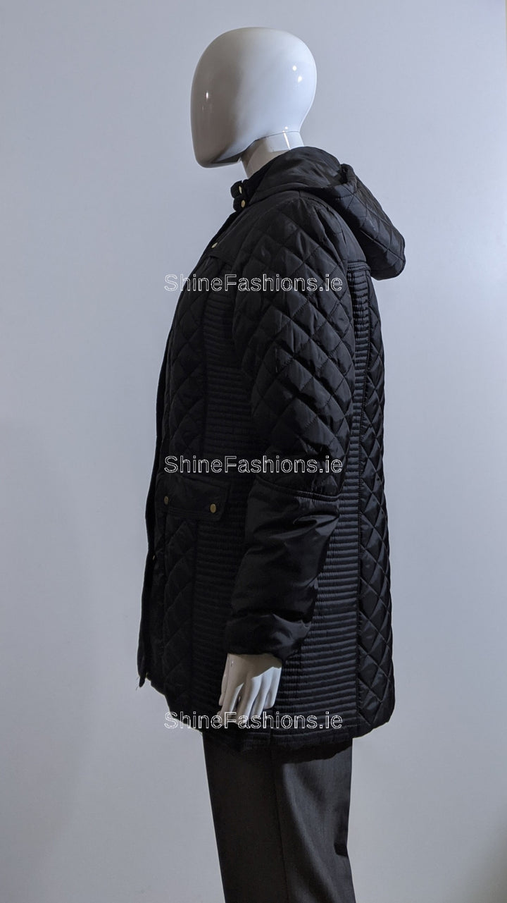 Black Padded Quilted Hooded Long Coat