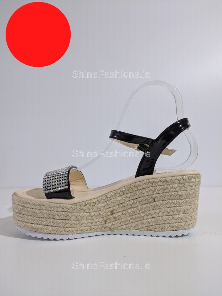 Black Patent Diamante Espadrille Wedge Sandals