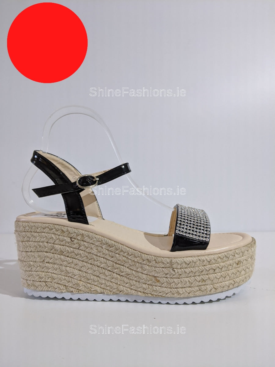 Black Patent Diamante Espadrille Wedge Sandals