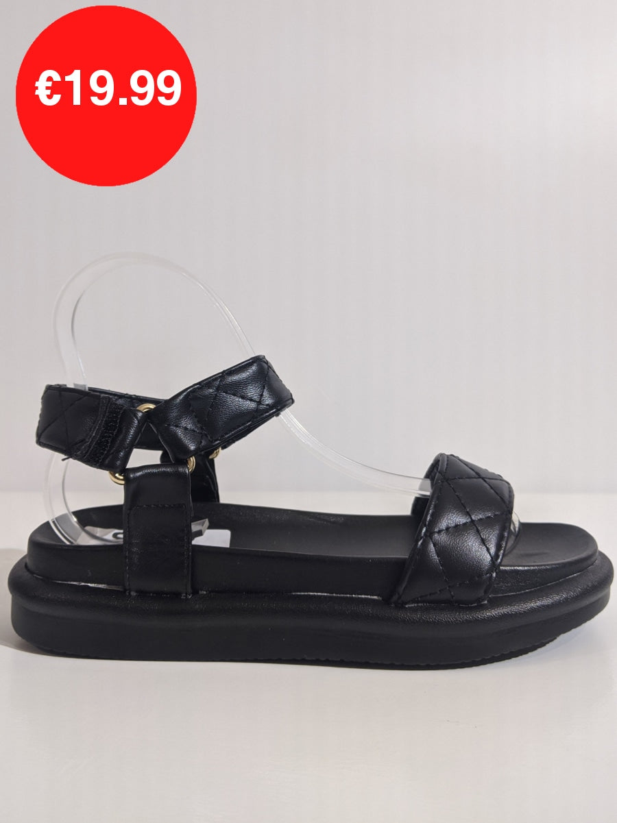 Black Quilted Velcro Strap Chunky Platform Sandal