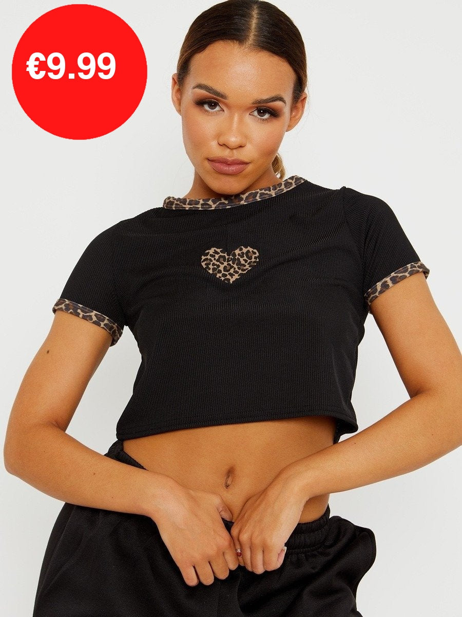 Black Ribbed Leopard Heart Crop Top