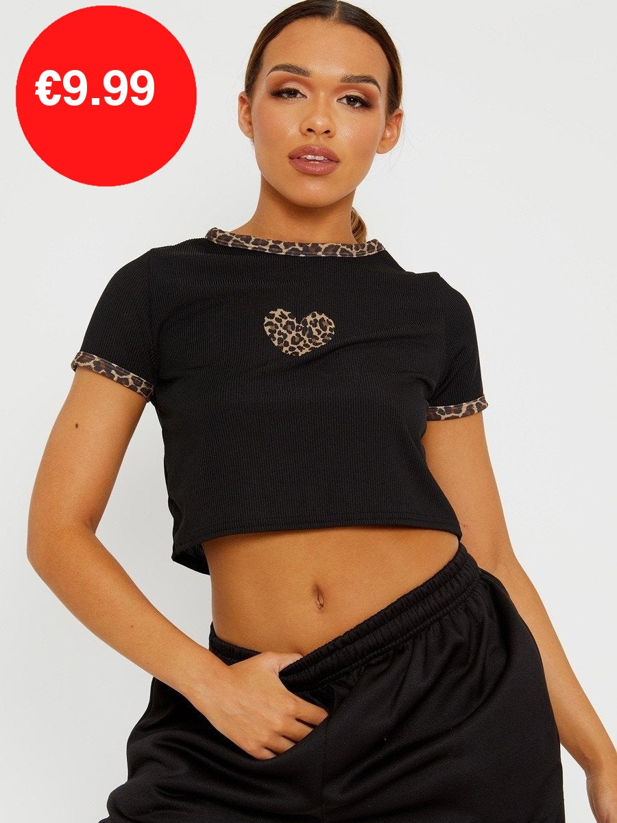 Black Ribbed Leopard Heart Crop Top