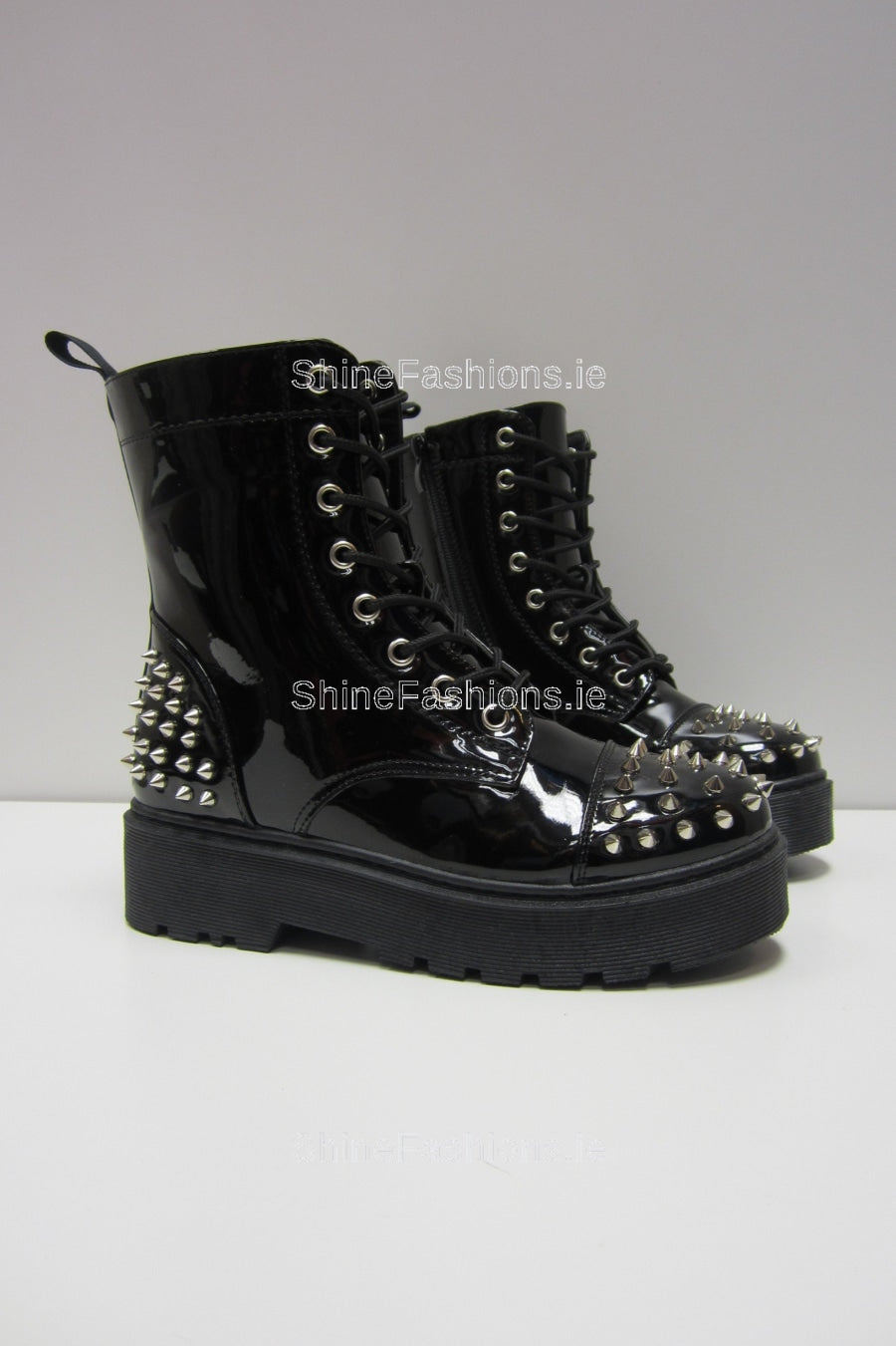 Black Spike Patent Platform Laced-Up Boots